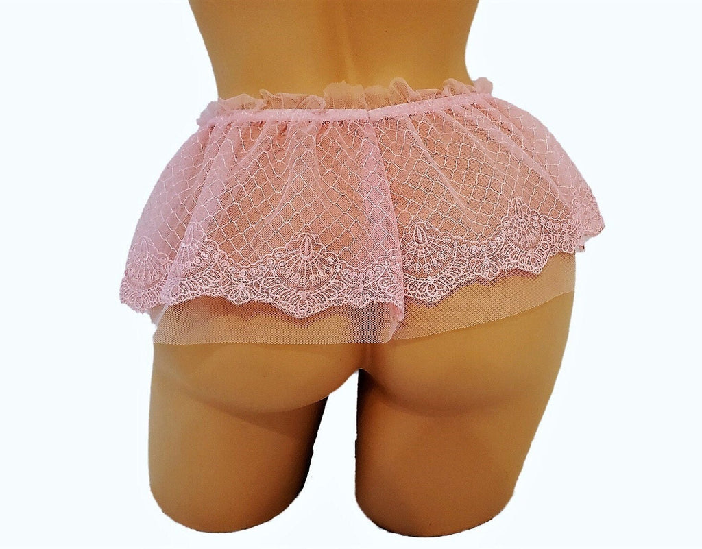 Pink Embroidered Lingerie Micro Mini Skirt With Ruffle Waist