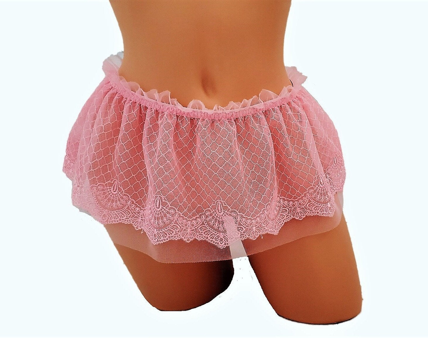 Pink Embroidered Lingerie Micro Mini Skirt With Ruffle Waist