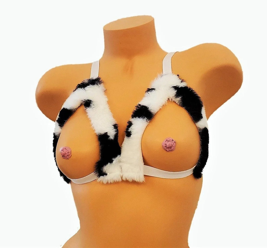 Black And White Cow Print Faux Fur Lingerie Bra
