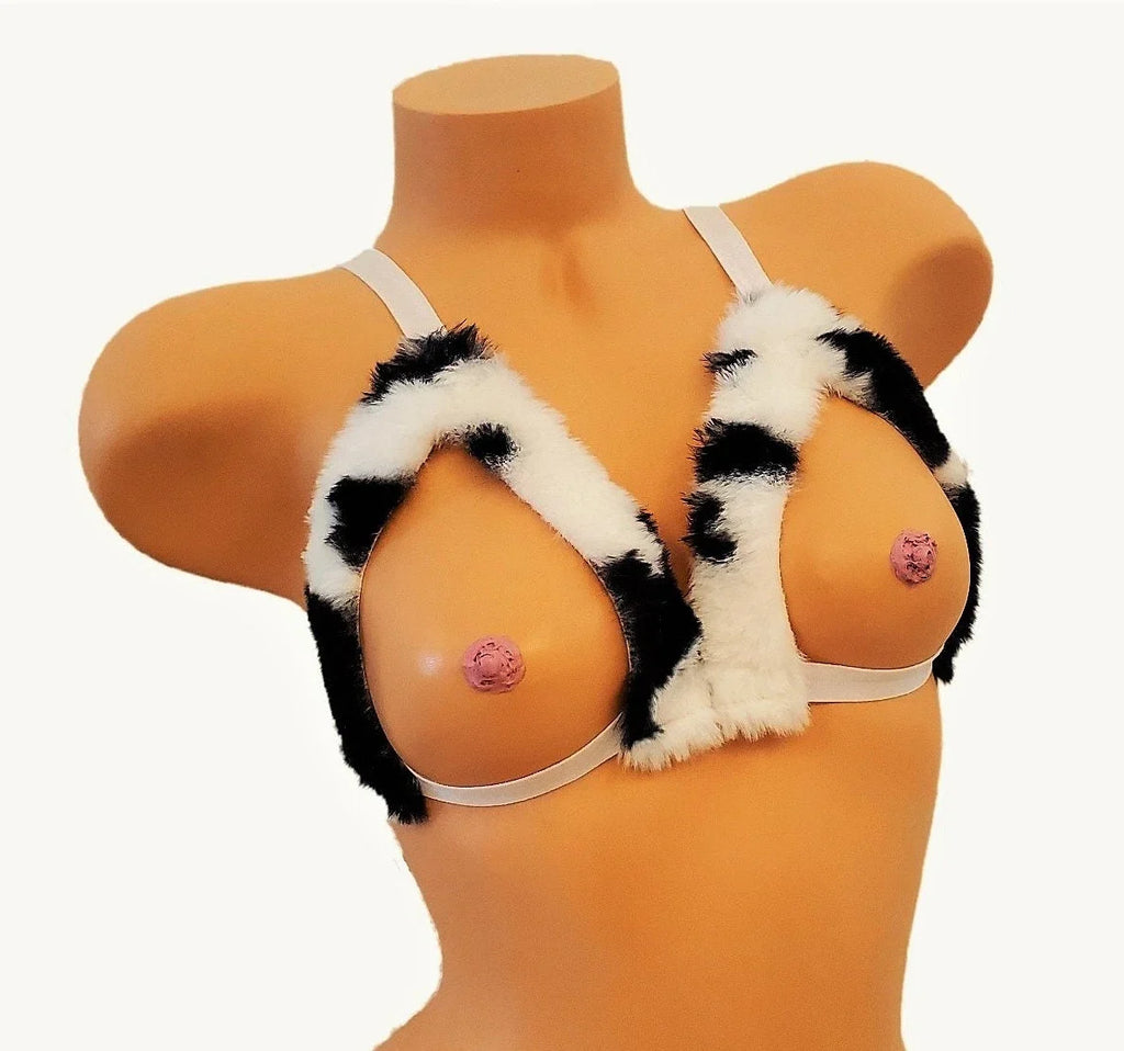 Black And White Cow Print Faux Fur Lingerie Bra
