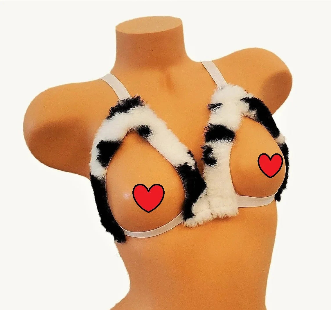 Black And White Cow Print Faux Fur Lingerie Bra
