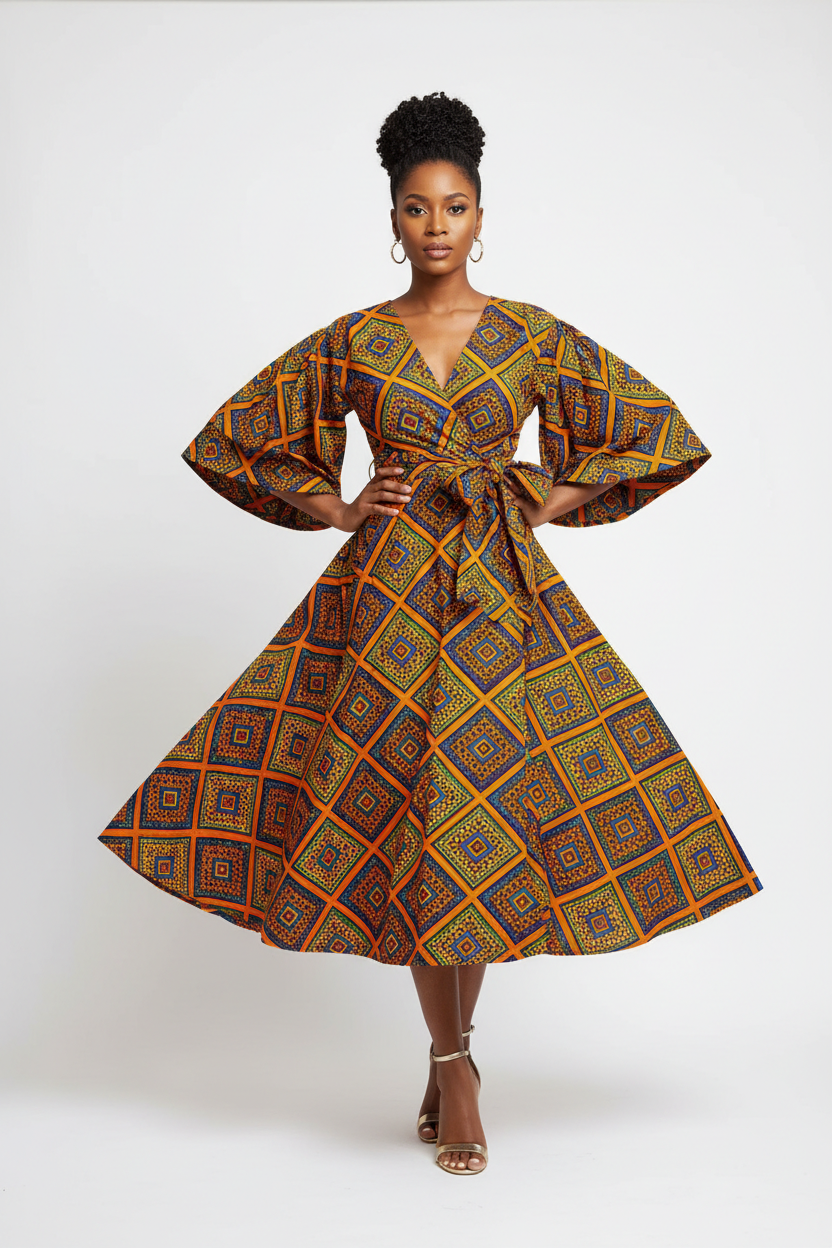Women's Ankara Wrap Dress in vibrant African wax print fabric