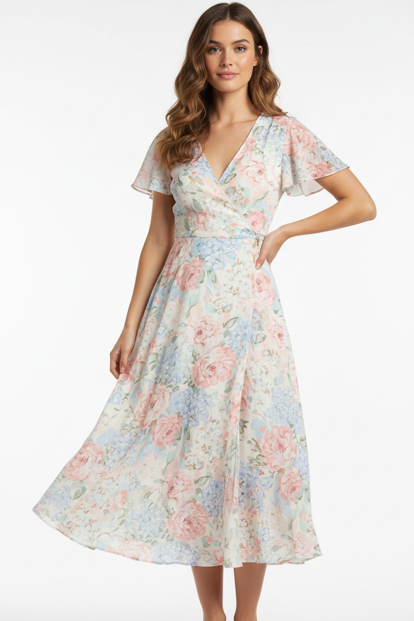 Women's Floral Wrap Midi Dress
