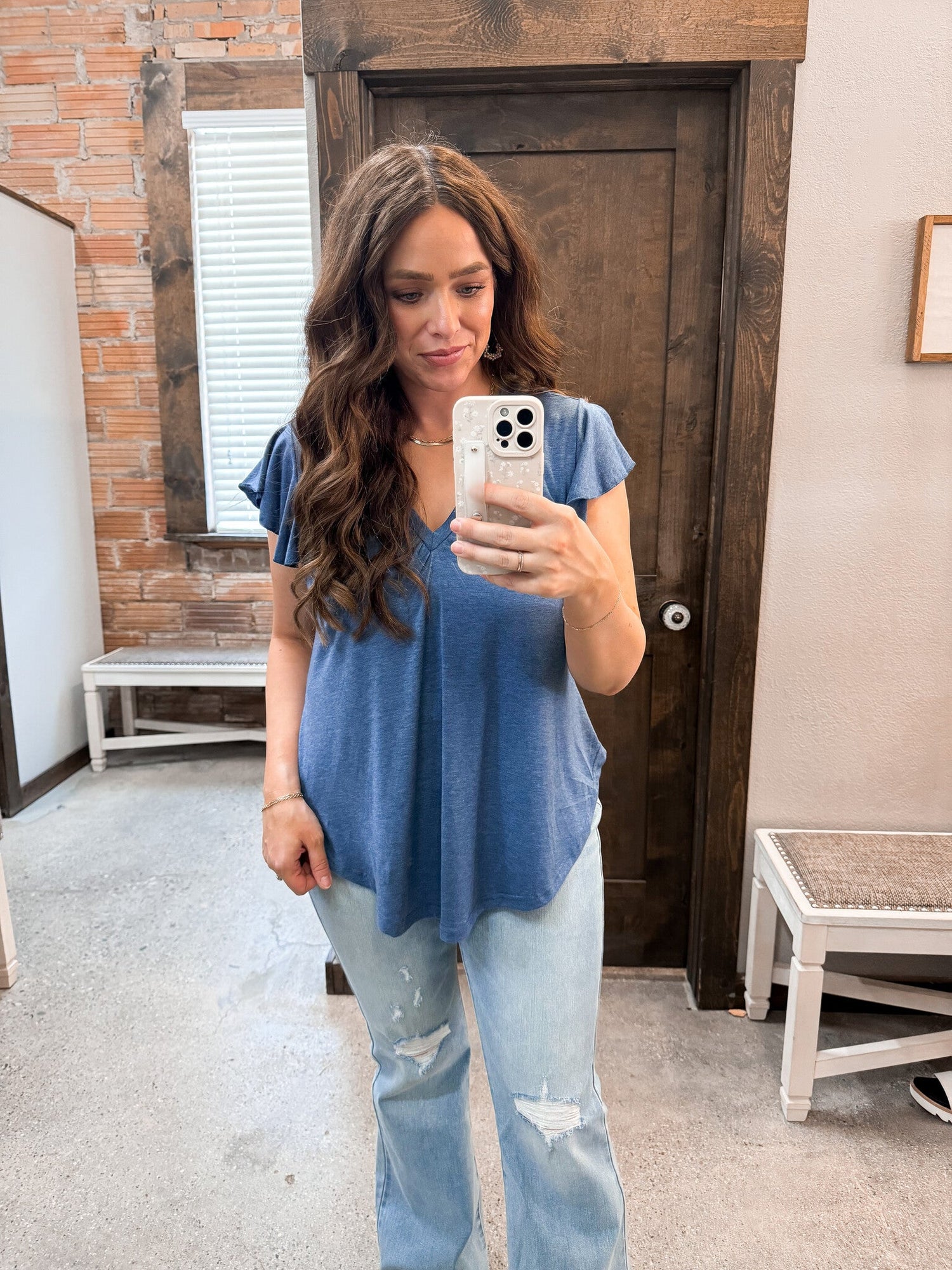 V Neck Ruffle Sleeve Top - Navy