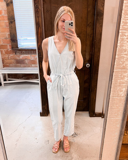 Pocketed Chambray Sleeveless Jumpsuit