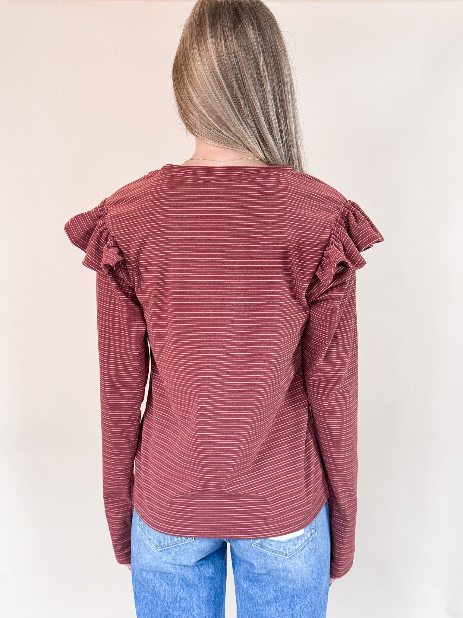 Soft Touch Striped Ruffle Shoulder Top - Brick Red