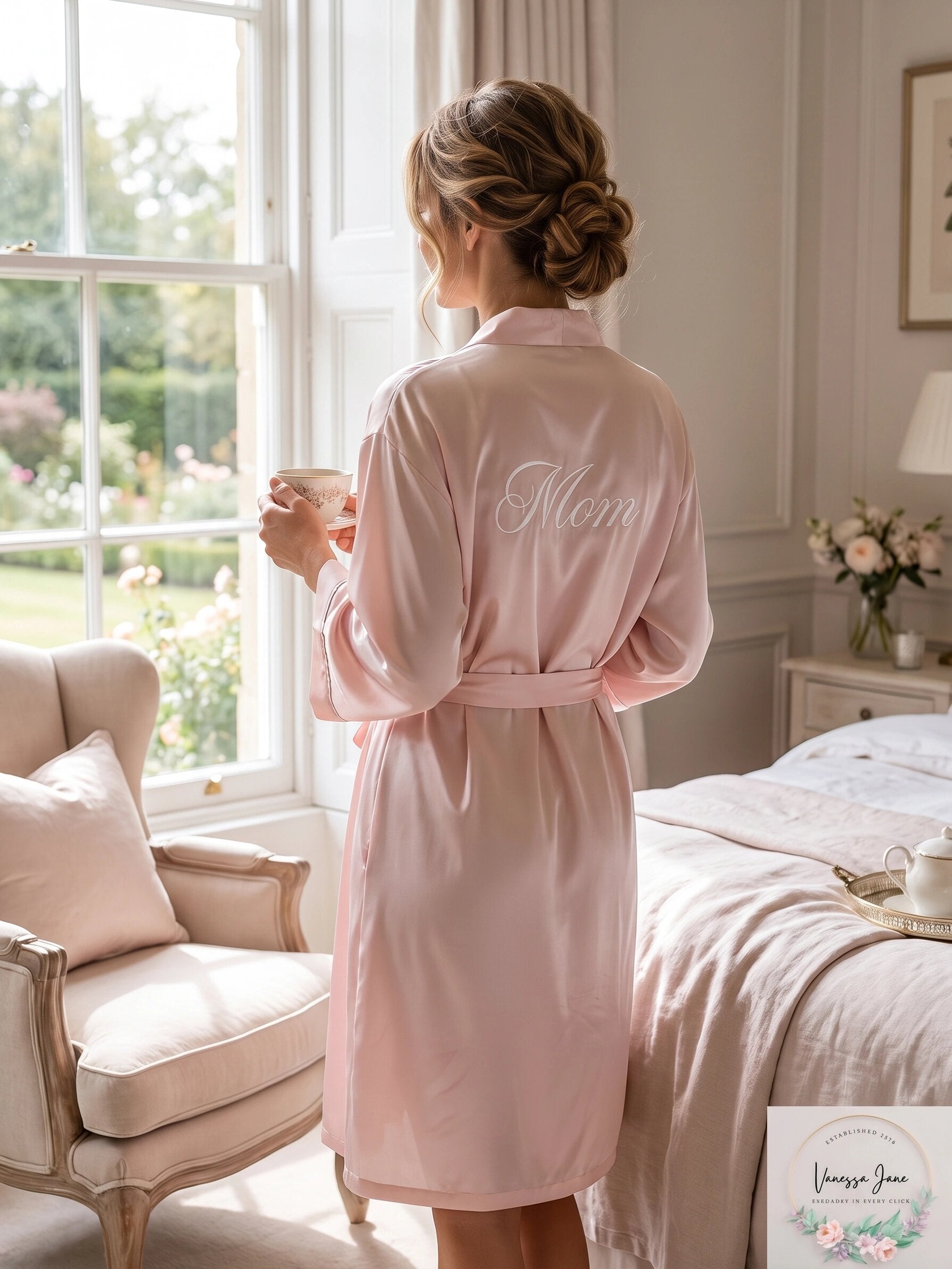 Linea Donatella Mom Lace Trim Embroidered Wrap Robe, Size Large