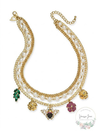 Thalia Sodi Gold-Tone Crystal, Imitation Pearl Bee Multi-Charm Layered Necklace