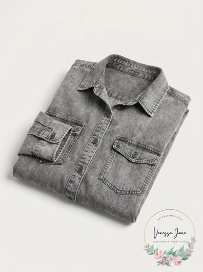 Billy T Womens Chambray Long Sleeves Blouse, Size Medium