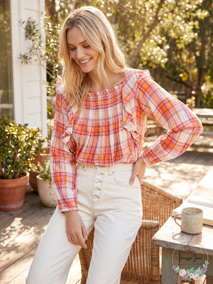 Free People Womens  Ruffled Cut Out Plaid Long Sleeve Square Neck Top, Medium
