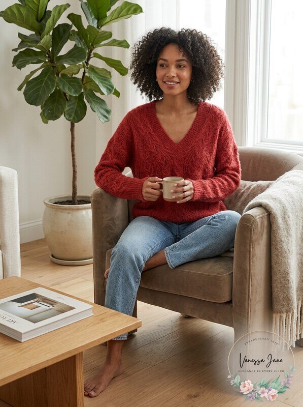 Lucky Brand V-Neck Eyelash Sweater in Winery, Size X-Large