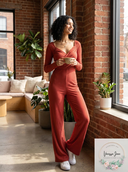 Lulus Sunday Snuggles Rusty Rose Ribbed Long Sleeve Lounge Jumpsuit, Size
