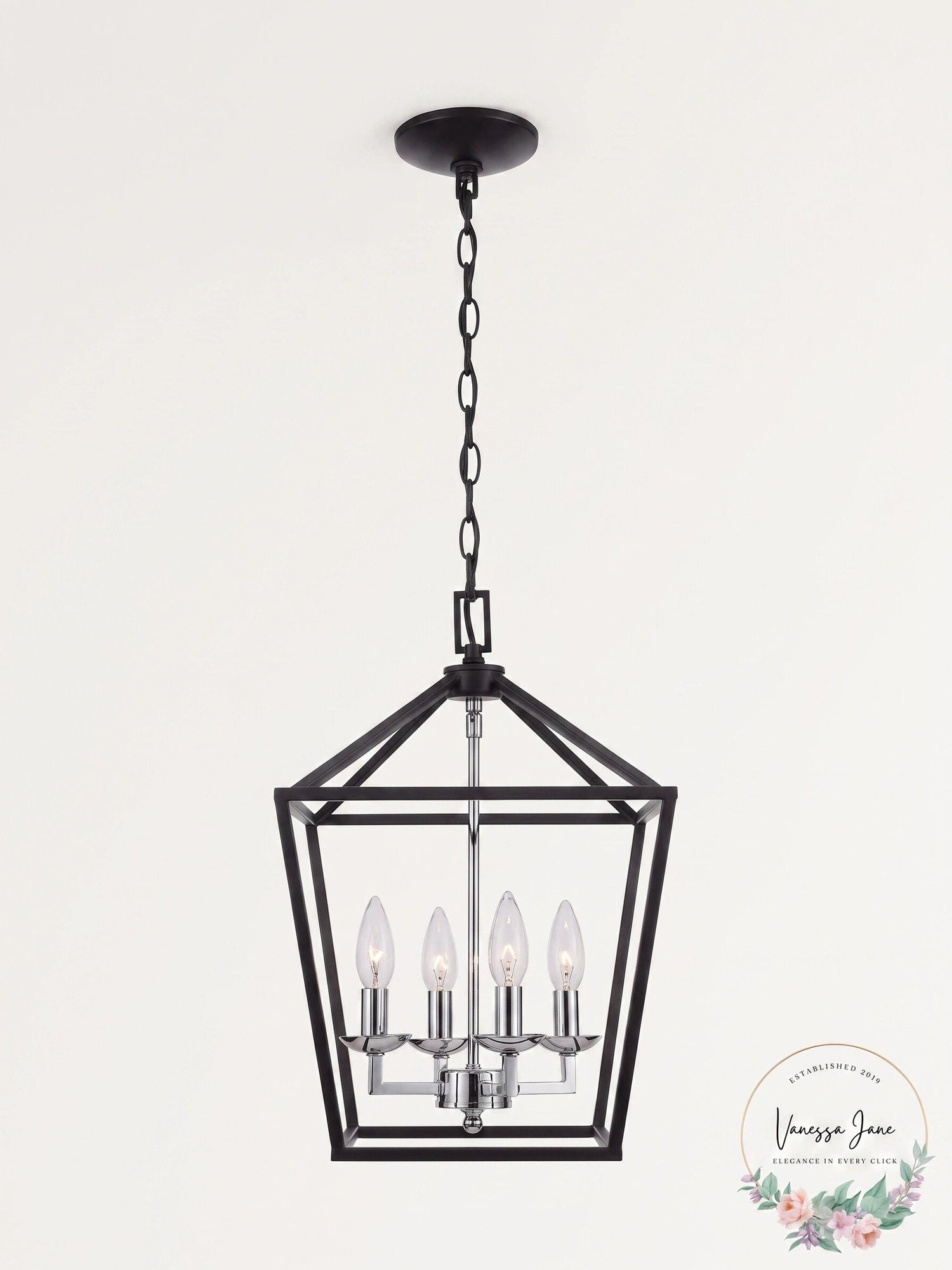 Home Decorators Collection Weyburn 4-Light Black and Polished Chrome Caged Chand