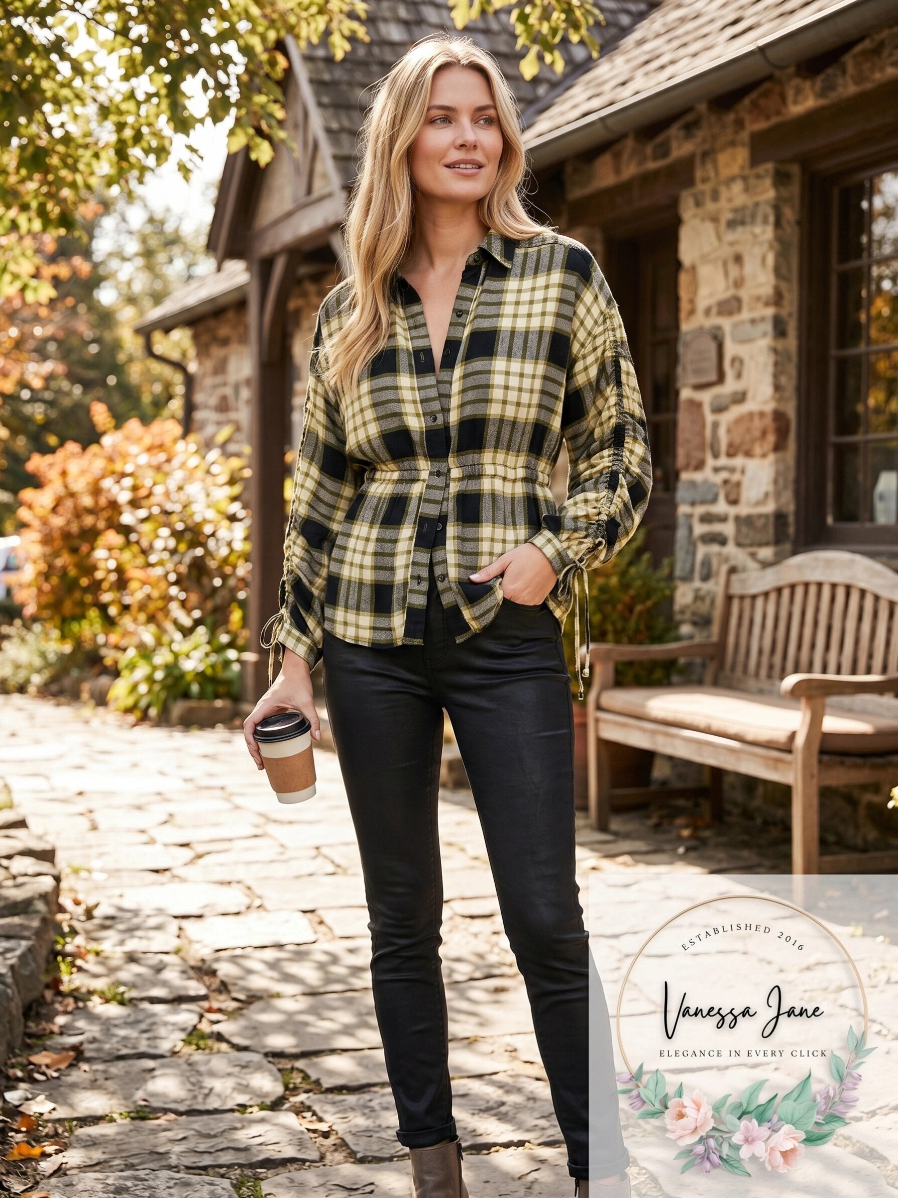 Free People Womens Plaid 3/4 Sleeve Collared Button up Top