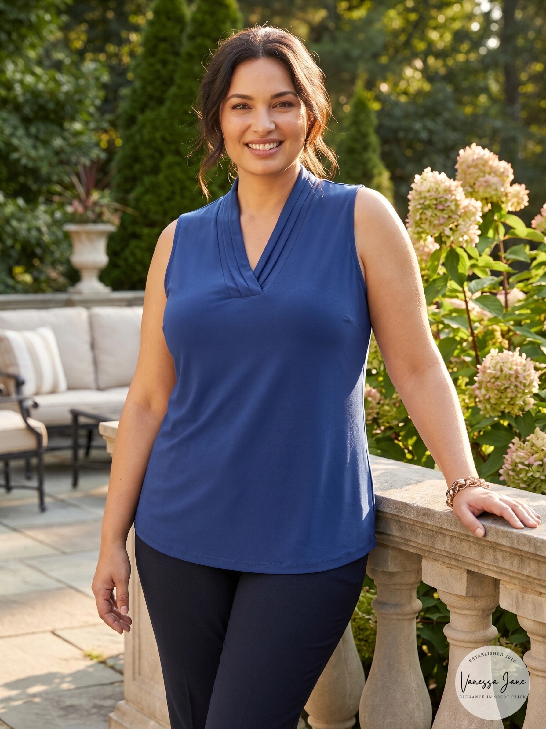 Anne Klein Plus Size Pleated Shell, Blue, Size OX
