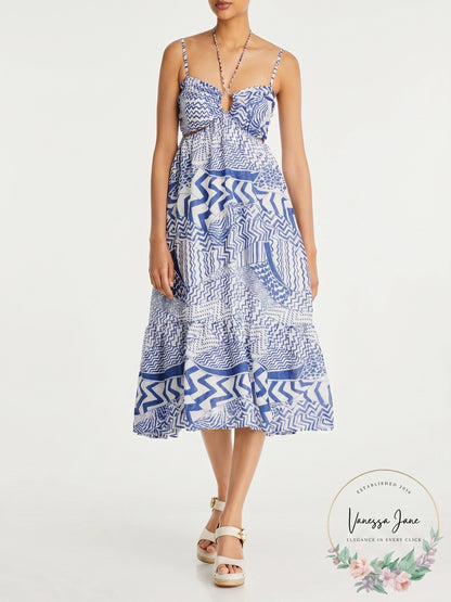 Aqua Printed Cutout Halter MIDI Dress, Size XS
