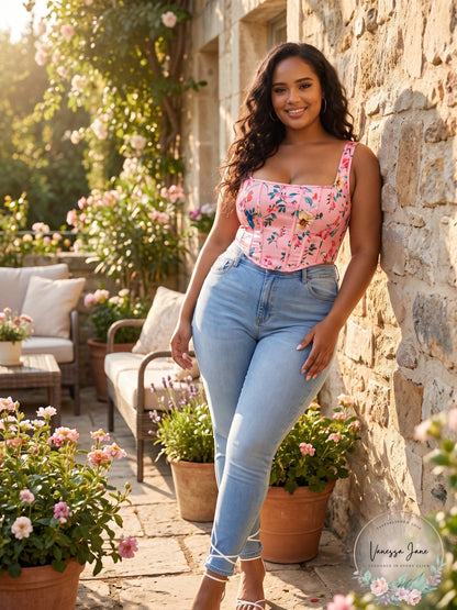 PrettyLittleThing Plus Pink Floral Print Corset Crop Top, Size L/16