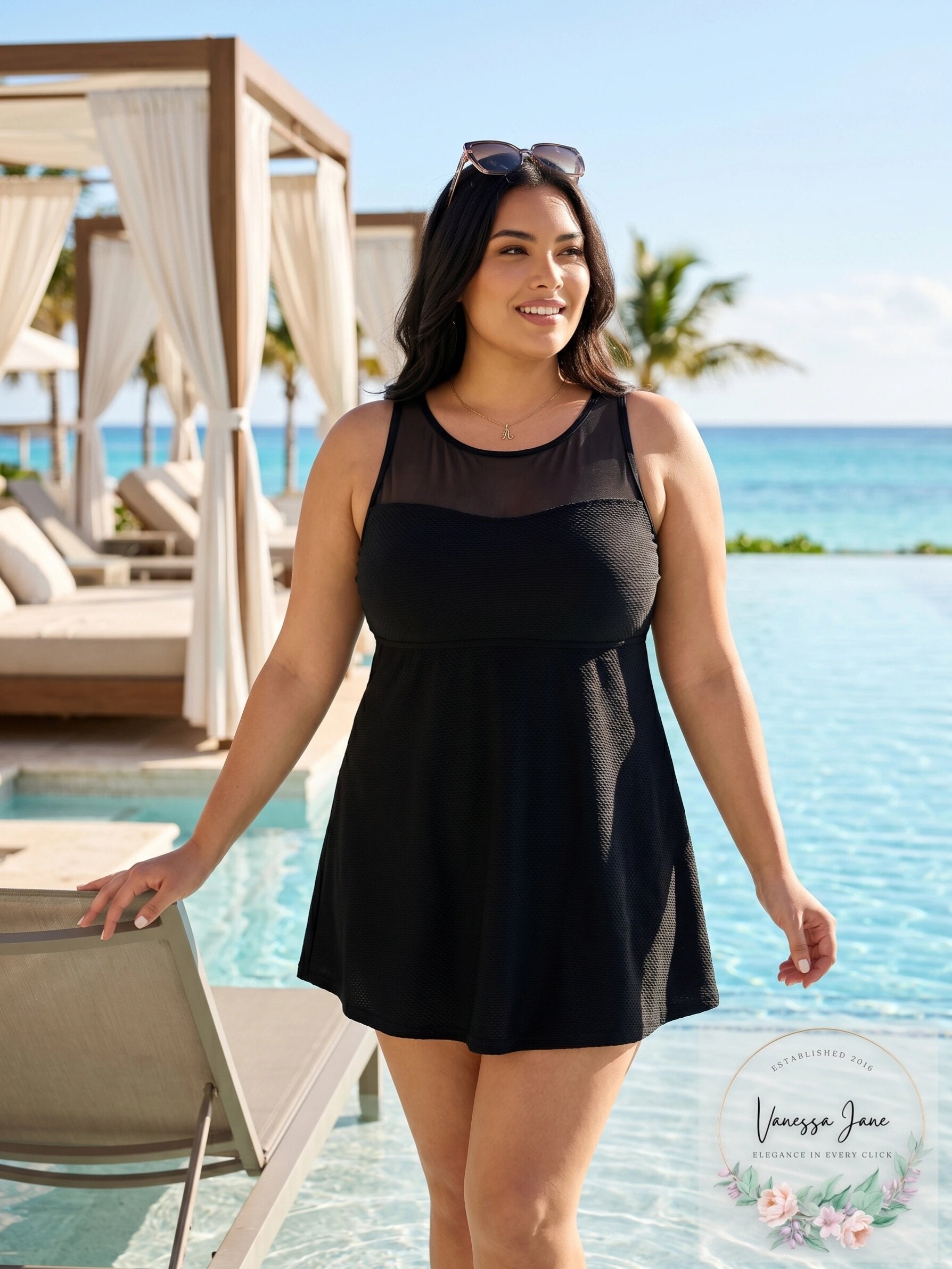 Swim Solutions Plus Size Mesh-Trim Tummy-Control Swimdress, Size 22W