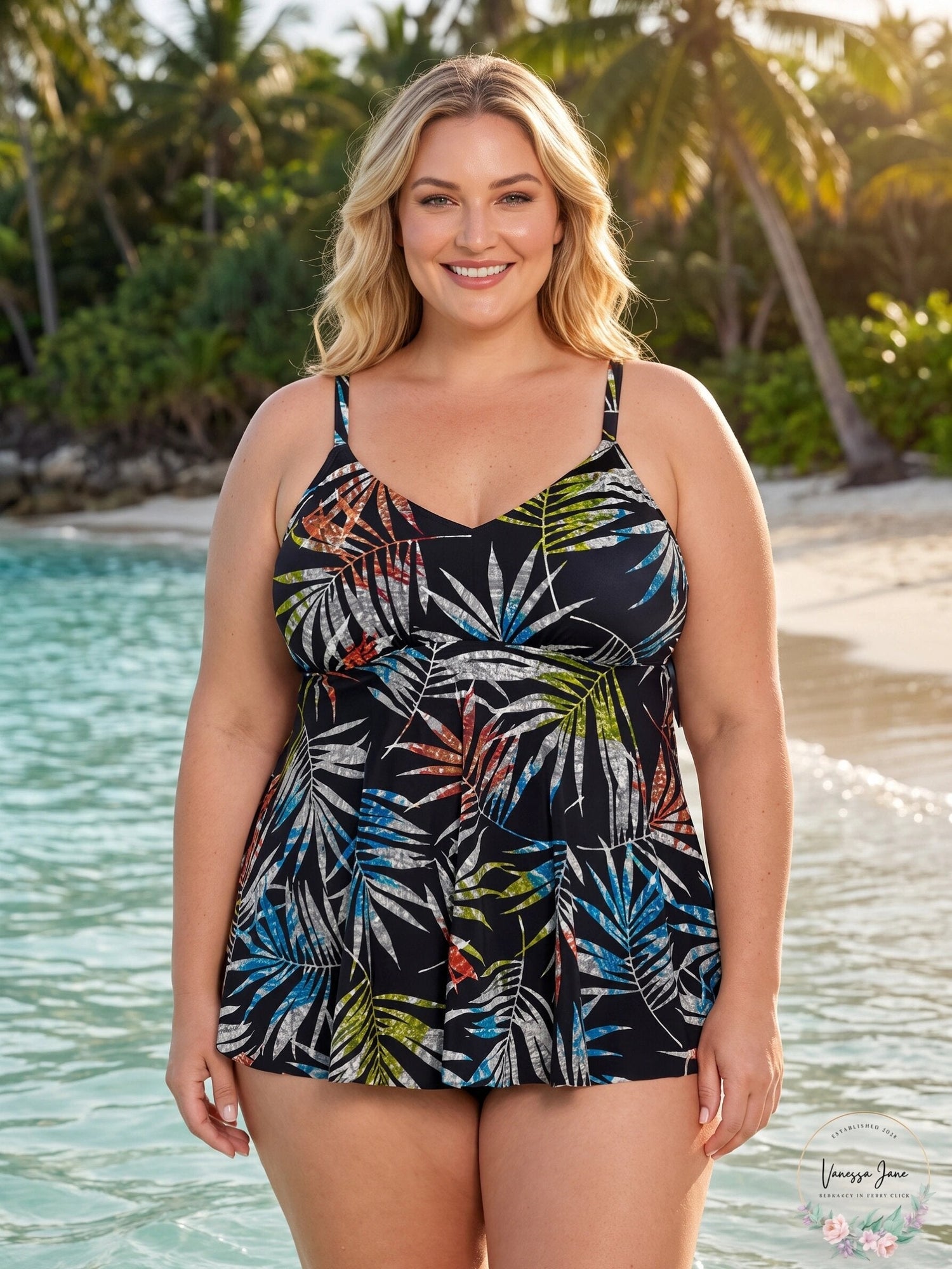 Swim Solutions Womens Plus Size V-Neck Tankini Top, Size 18W