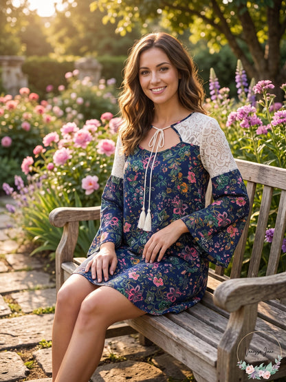 Entro Bell Sleeve Sheer Boho Peasant Crochet Dress, navy, size small