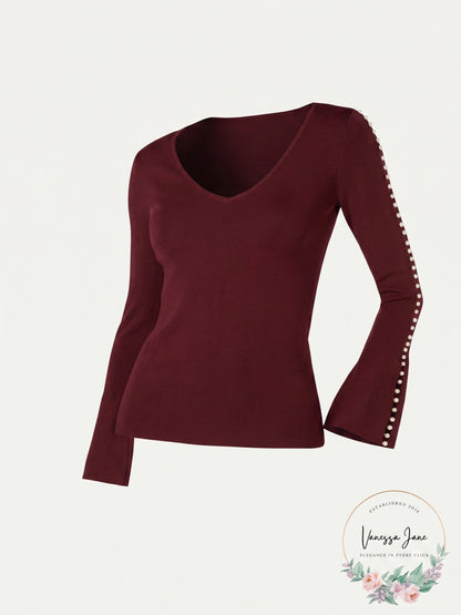 I-N-C Maroon Red Plus Pearl-Trim Bell Sleeve Sweater, Size OX