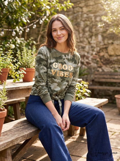 Rebellious One Juniors Good Vibes Tie-Front Sweatshirt