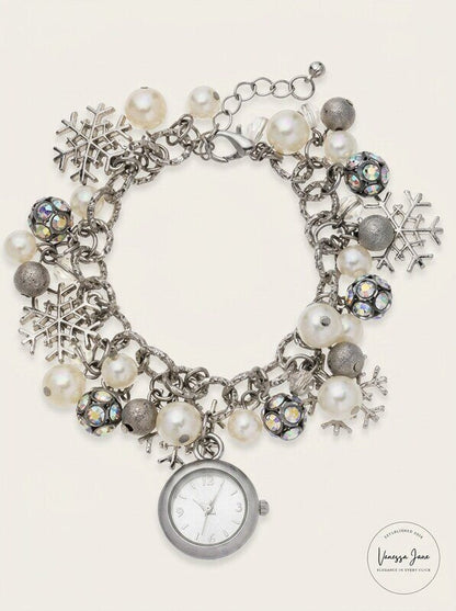 Holiday Lane Womens Snowflake Silver-Tone Charm Bracelet Watch 26mm