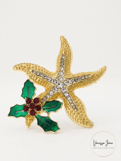 Holiday Lane Gold-Tone Crystal Starfish and Mistletoe Pin