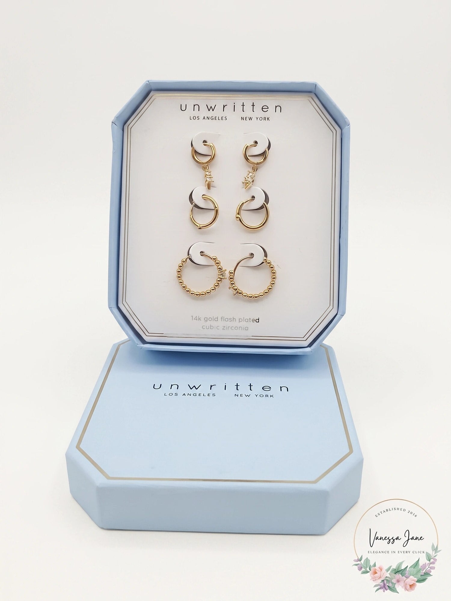 Unwritten14K Gold Flash Plated 3-Pieces Cubic Zirconia Hoop Dainty Earring Set