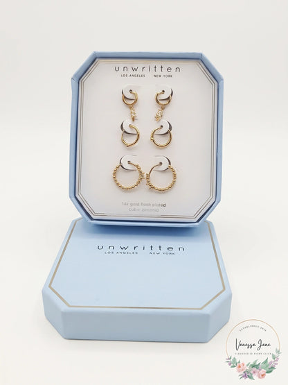 Unwritten14K Gold Flash Plated 3-Pieces Cubic Zirconia Hoop Dainty Earring Set