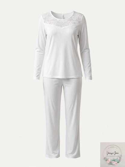 Hanro Womens Moments Long Sleeve Pajama Set in White, Size Small