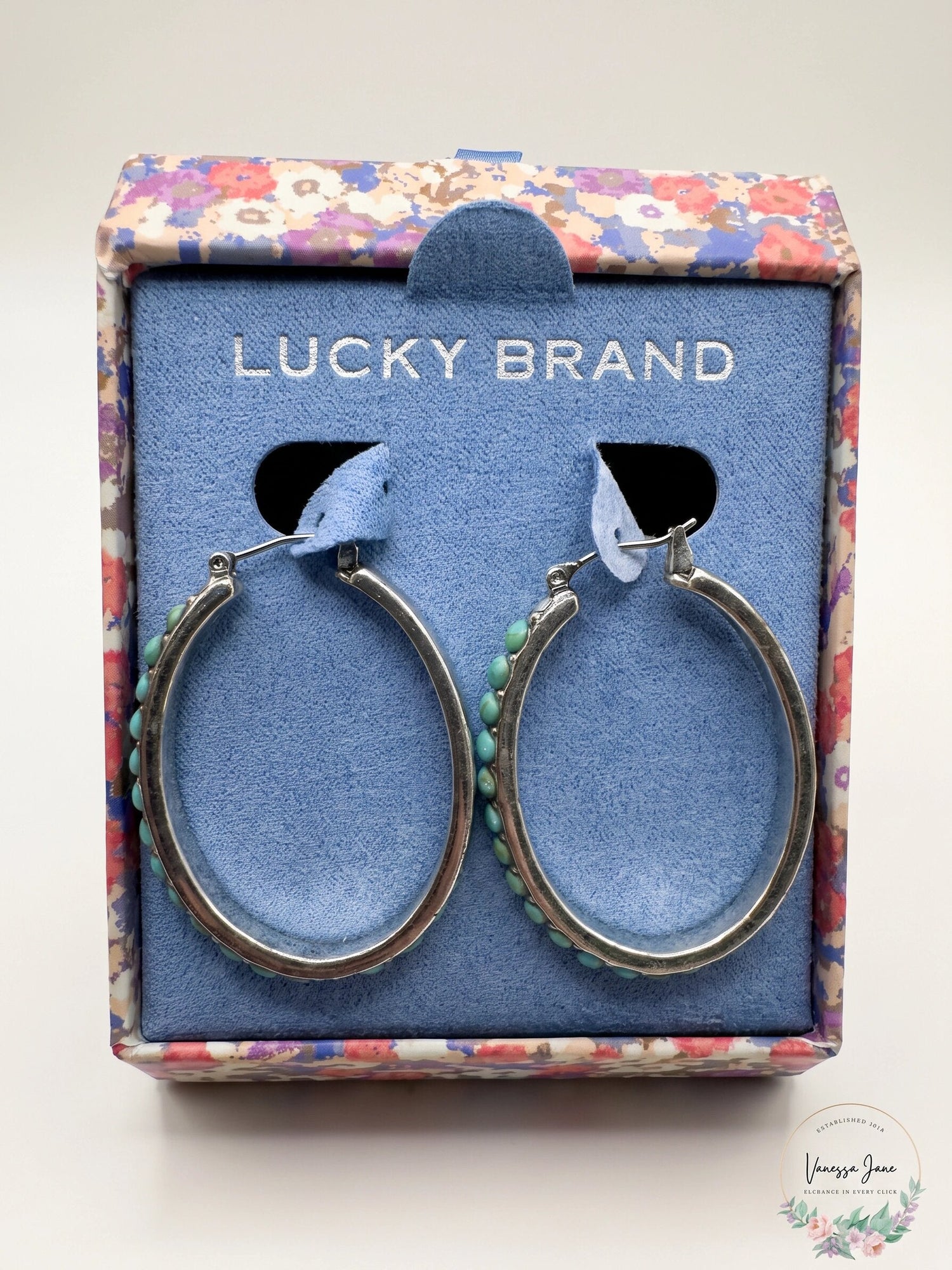 Lucky Brand Silver-Tone and Faux Turquoise Hoop Earrings