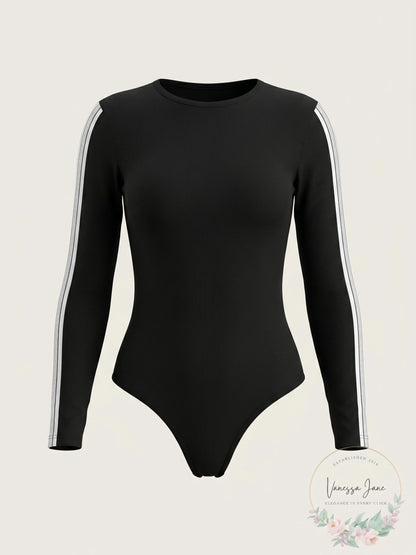 Material Girl Active Long Sleeve Black Varsity Bodysuit, Size Medium