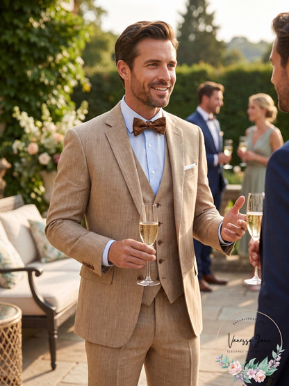 Bar III Mens Slim-Fit Tan Pinstripe Linen Suit Jacket