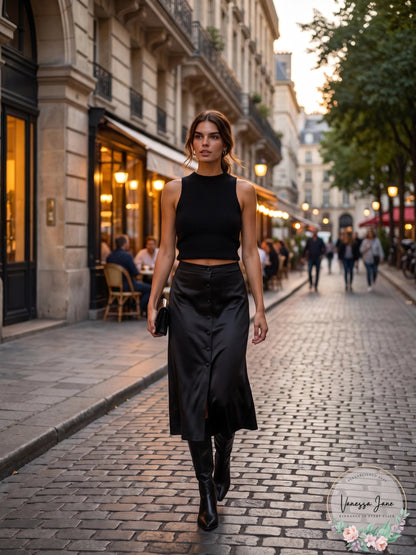 FFREE PEOPLE Analise Button Front Satin Midi Skirt In Black, Size 8