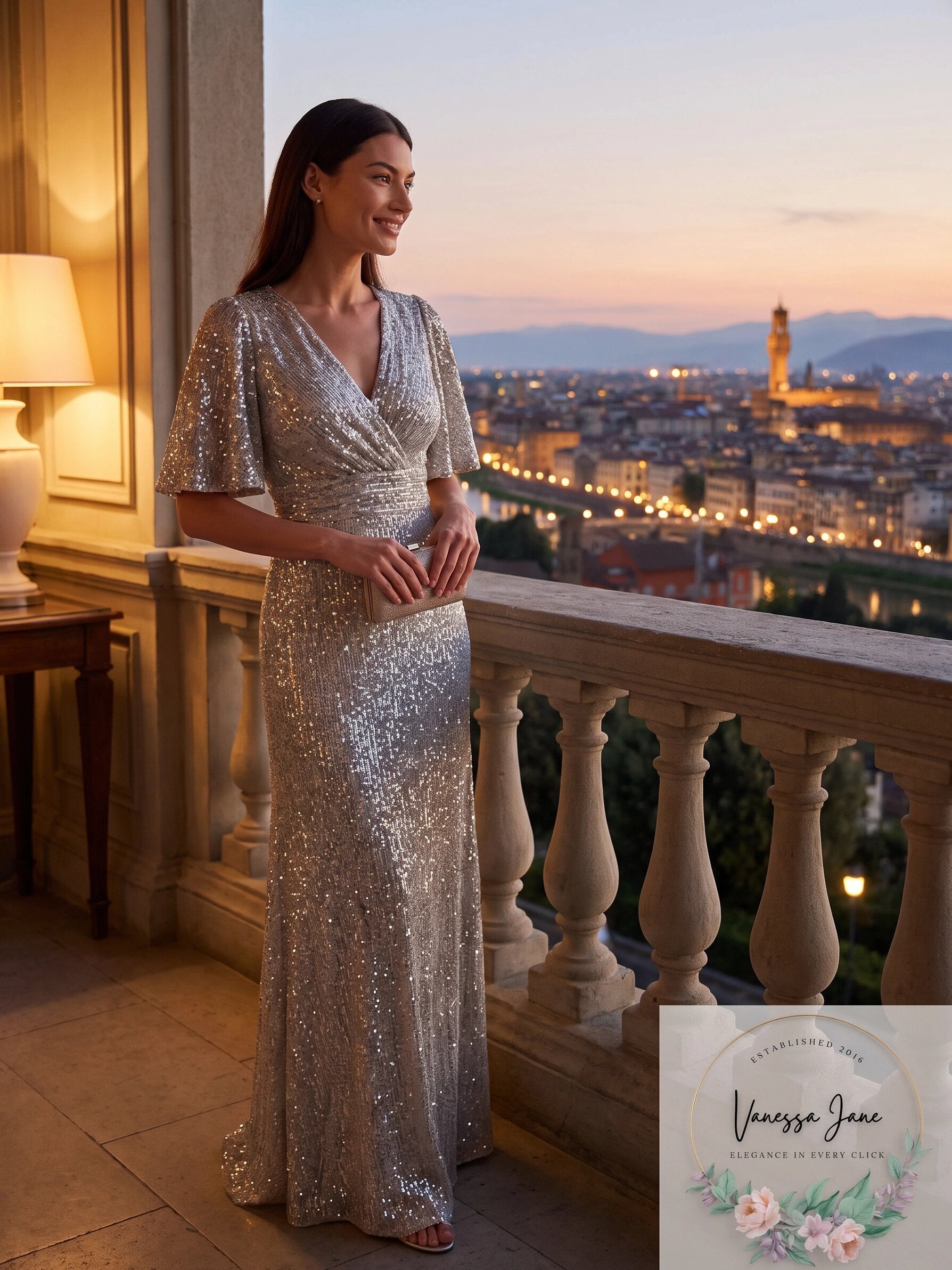 Lauren Ralph Lauren Sequined Elbow-Sleeve Gown – Pearlescent, Size 4