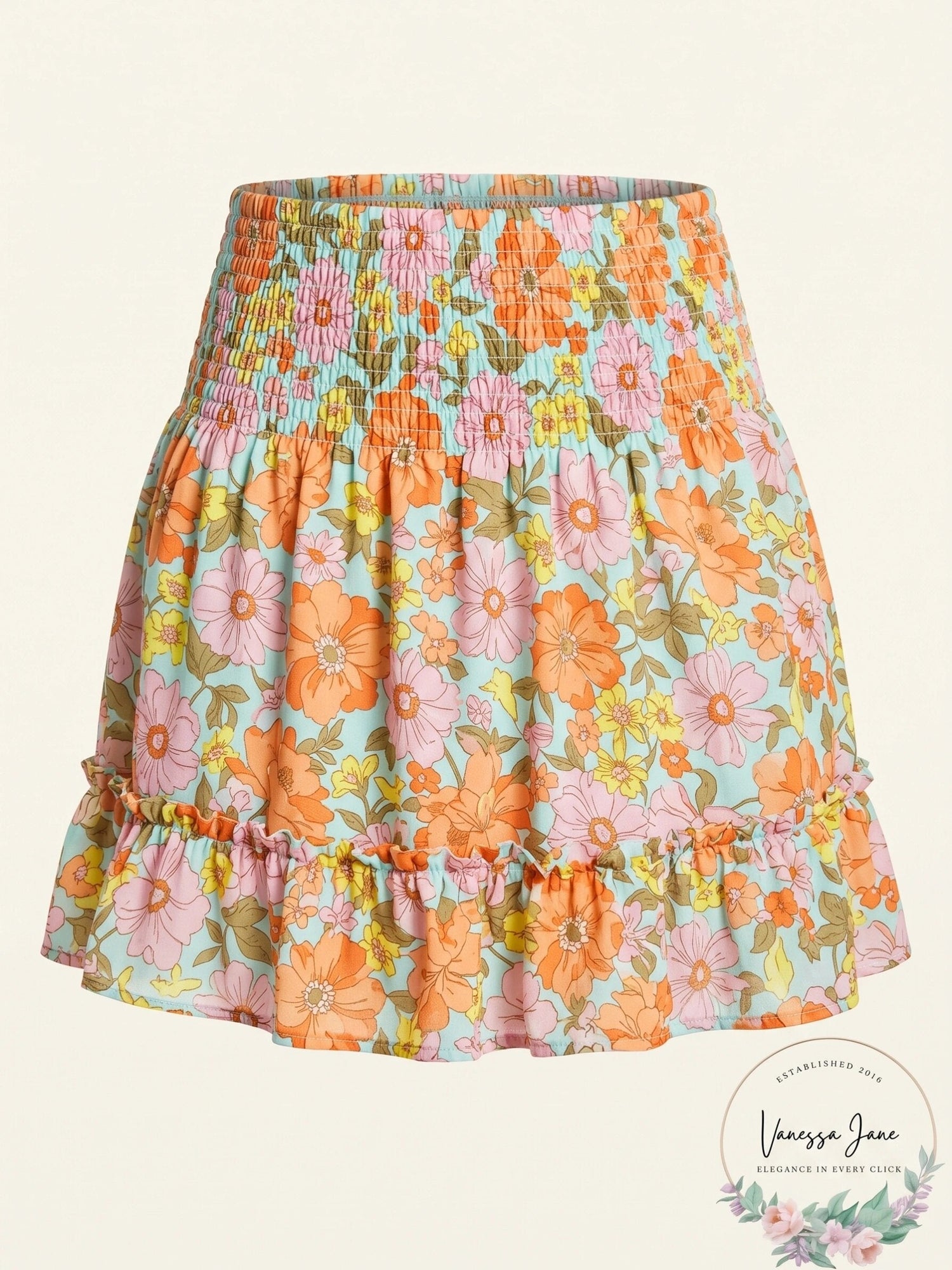 Aqua Floral Print Smocked Skirt