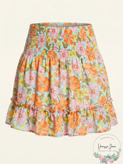 Aqua Floral Print Smocked Skirt