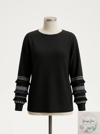 STYLE &amp; CO Womens Black Fringe Banded Long Sleeve Crew Neck Sweater, Medium