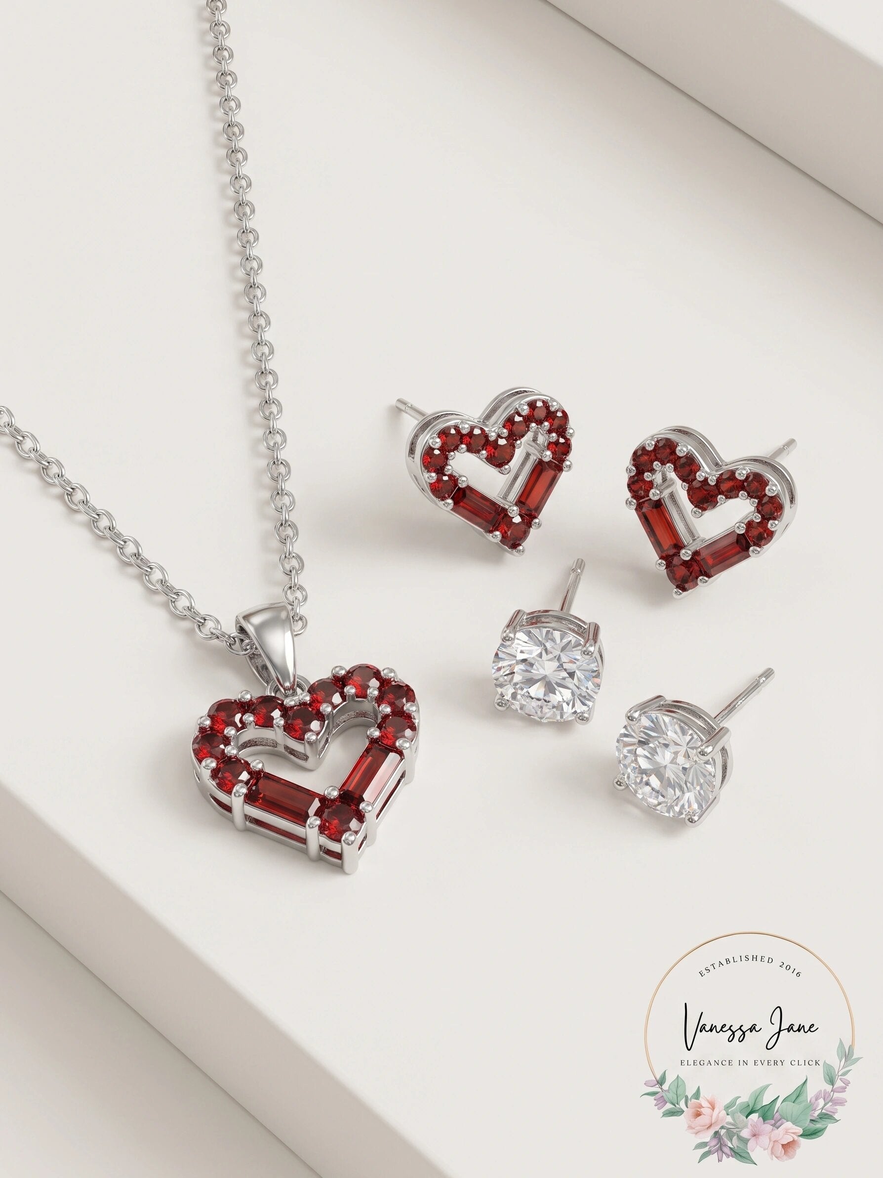 Macys Silver Plate Cubic Zirconia Heart Necklace and Stud Earring Set