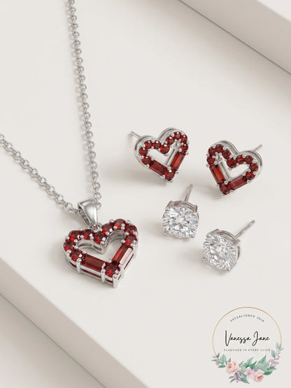 Macys Silver Plate Cubic Zirconia Heart Necklace and Stud Earring Set