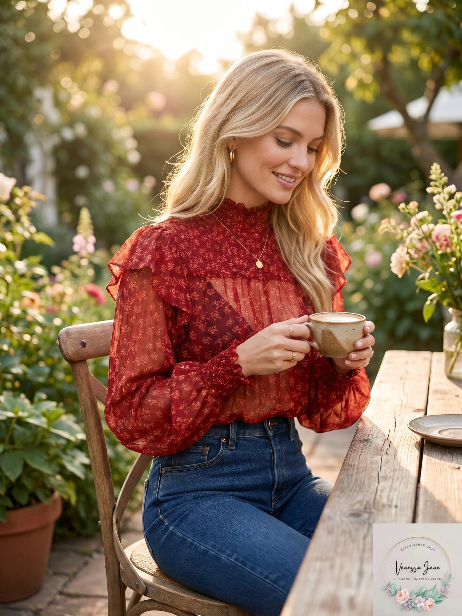 Free People Womens Red Tie Sheer Printed Long Sleeve Crew Neck Top, Size Small