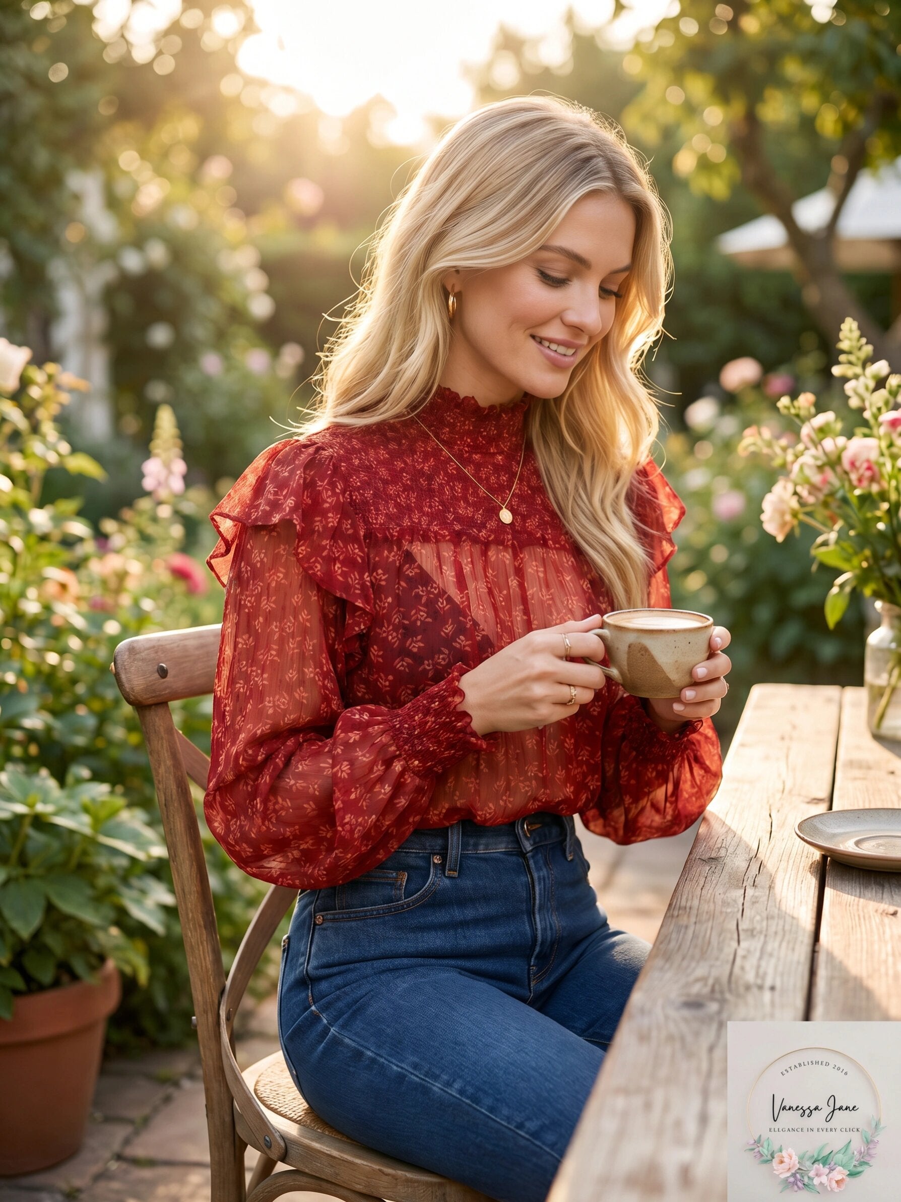 Free People Womens Red Tie Sheer Printed Long Sleeve Crew Neck Top, Size Small