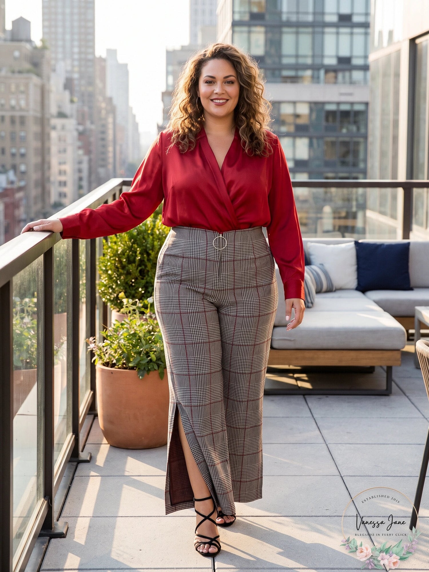 NY Collection Plus Size Jacquard Plaid Split-Hem Pants, Size 2X