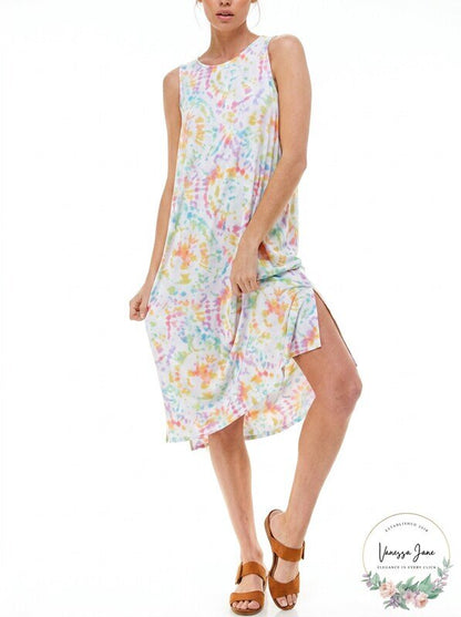 Roudelain Printed Maxi Loungewear Nightgown, Tie Dye, Size Small