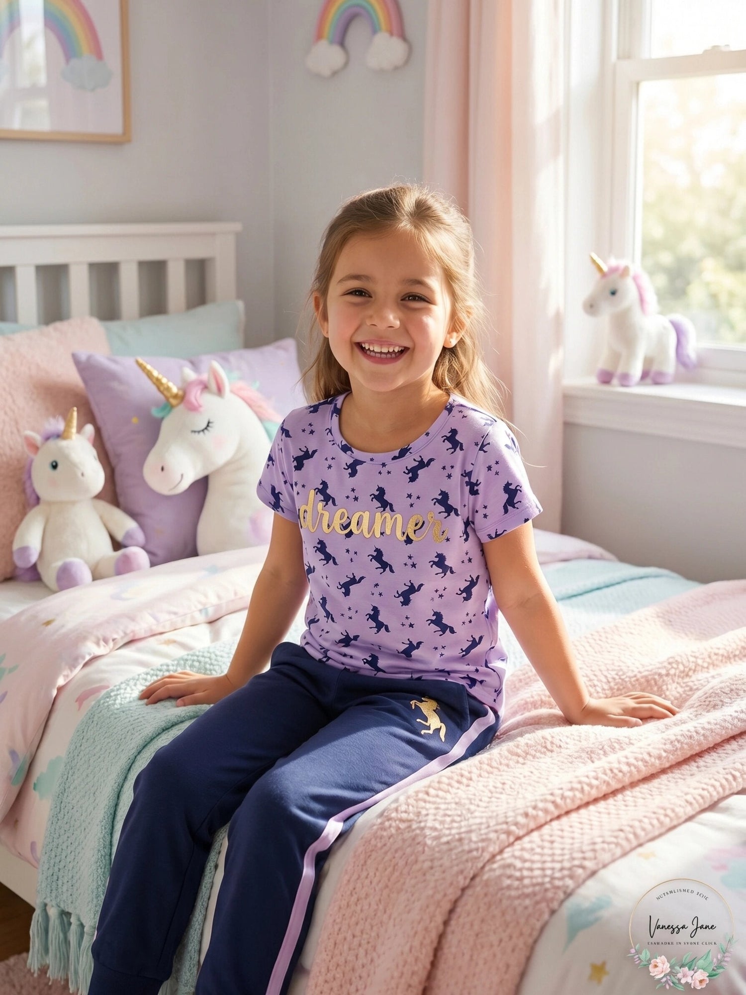 Max &amp; Olivia Big Girls Two Piece Unicorn Long Leg Pajama Set, Size 7/8