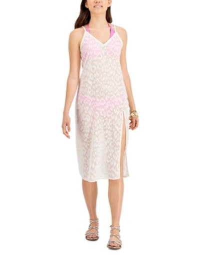Miken Swim Womens Textured Slit Dress Deep V Neck Metallic