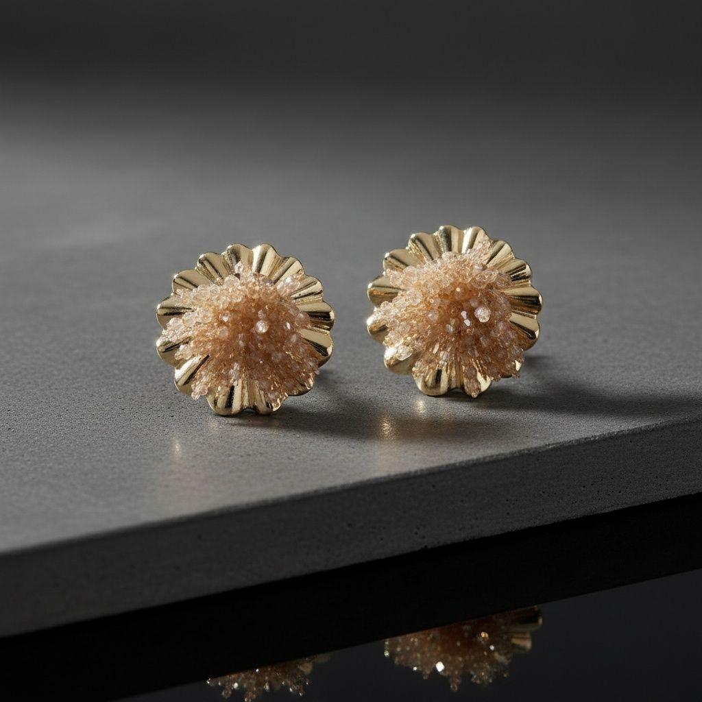 Stud Brown Bead Cluster Wavy Gold Round Earrings