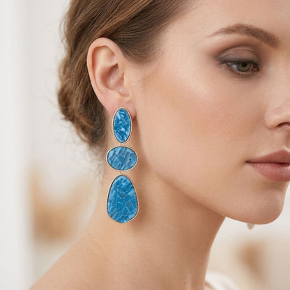3 Tier Drop Blue Mosaic Gold Geometric Earrings