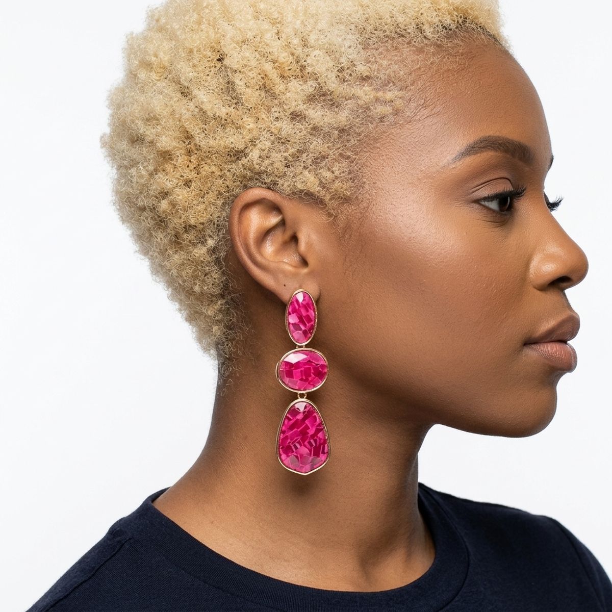 3 Tier Drop Fuchsia Mosaic Gold Geometric Earrings